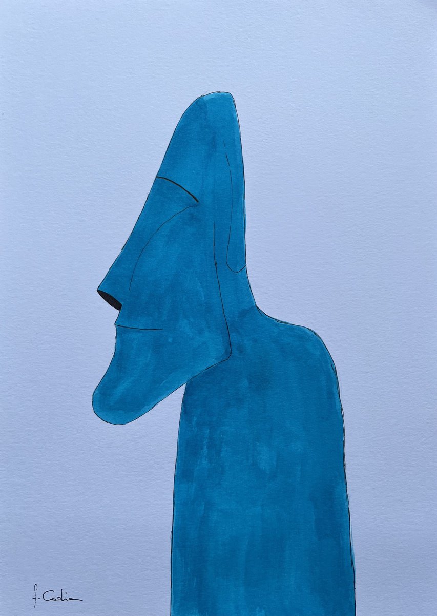 Landscape Painting By Cadiou Frederic, 9 X 13, Turquoise Blue Moai, Original Artwork