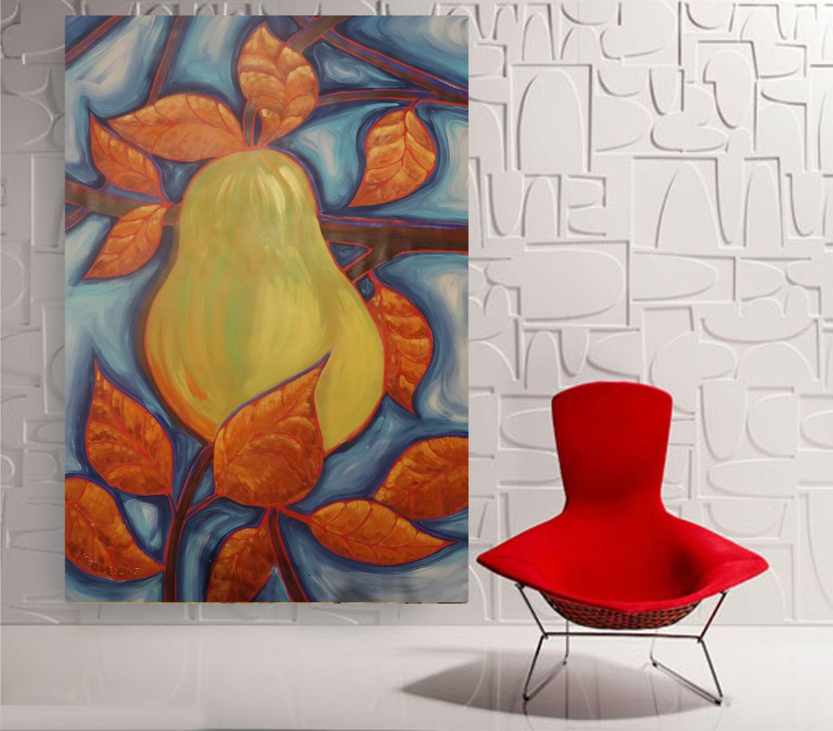Huge yellow pear on the brunch B053 expressionist acrylic Large painting 110x160 cm unstre... by Ksavera