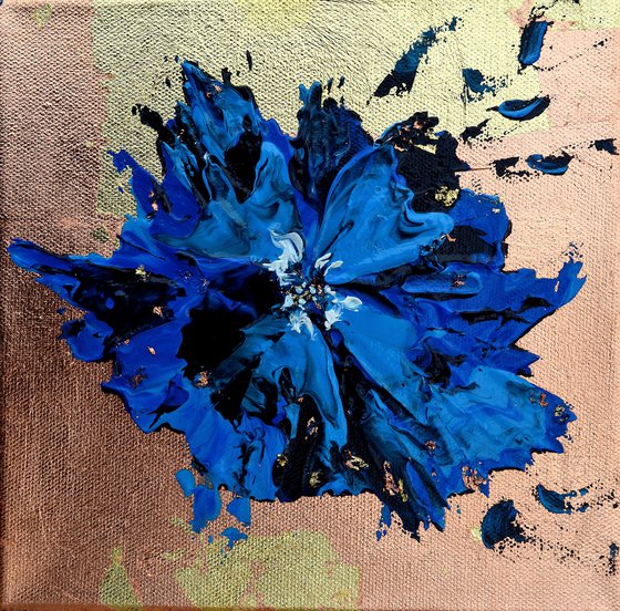 Abstract flower blue gold and copper - free shipping - palette knife painting