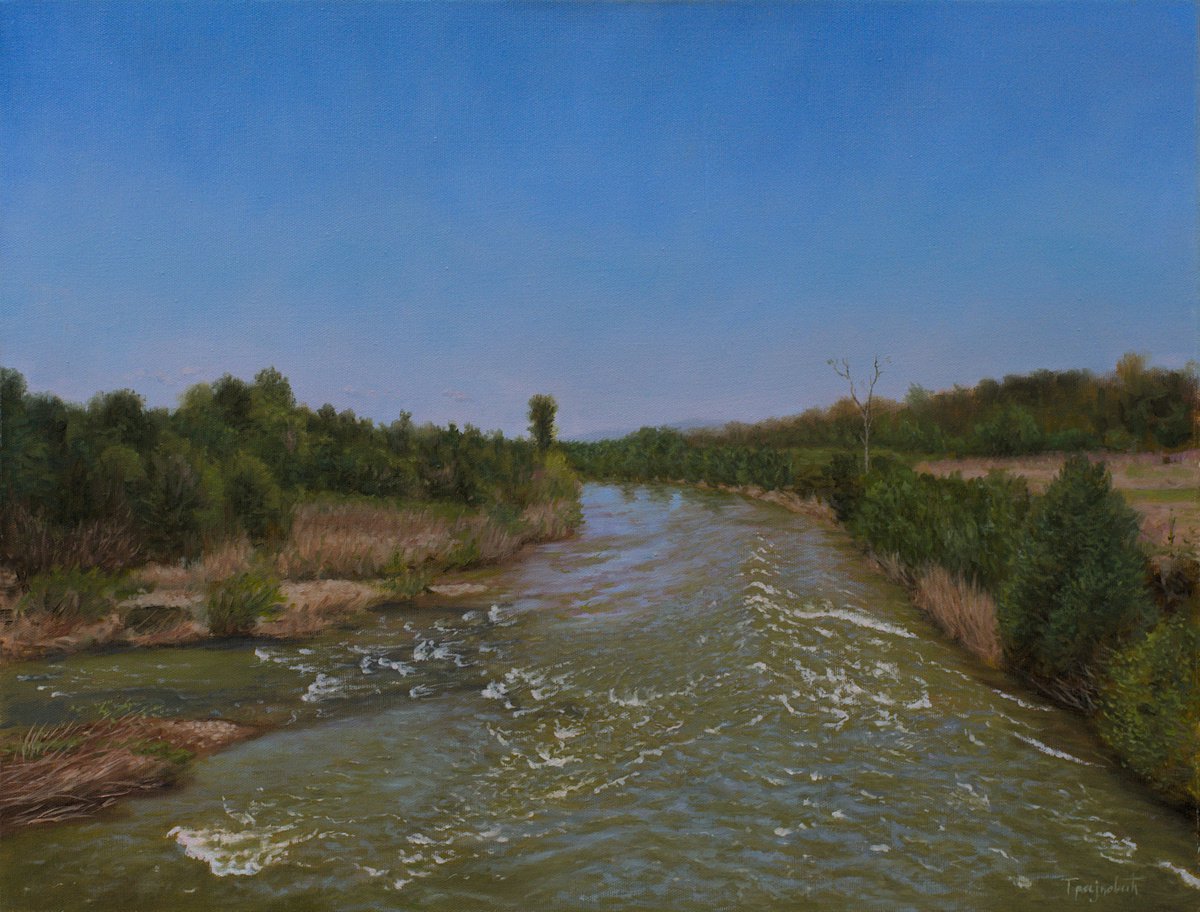 Photorealistic Landscape Oil Painting By Dejan Trajkovic, 30 X 24, A View From The Old Bridge In Spring, Original Artwork