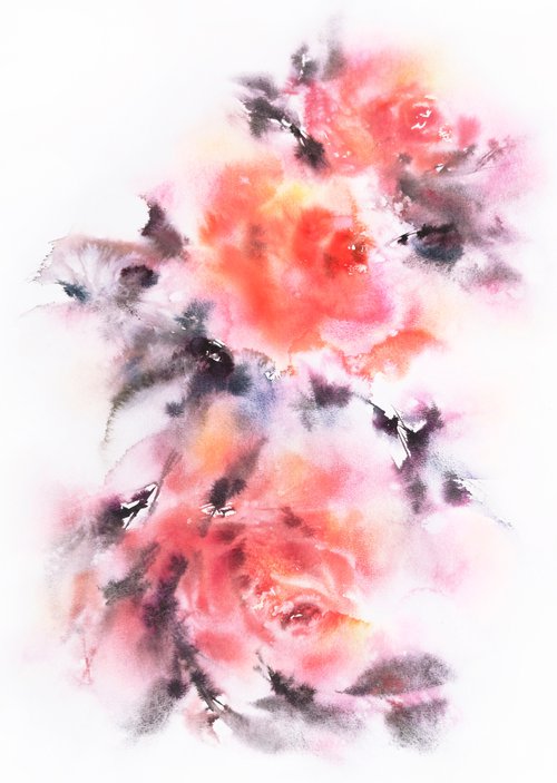 Watercolor flowers painting "Autumn roses" by Olga Grigo