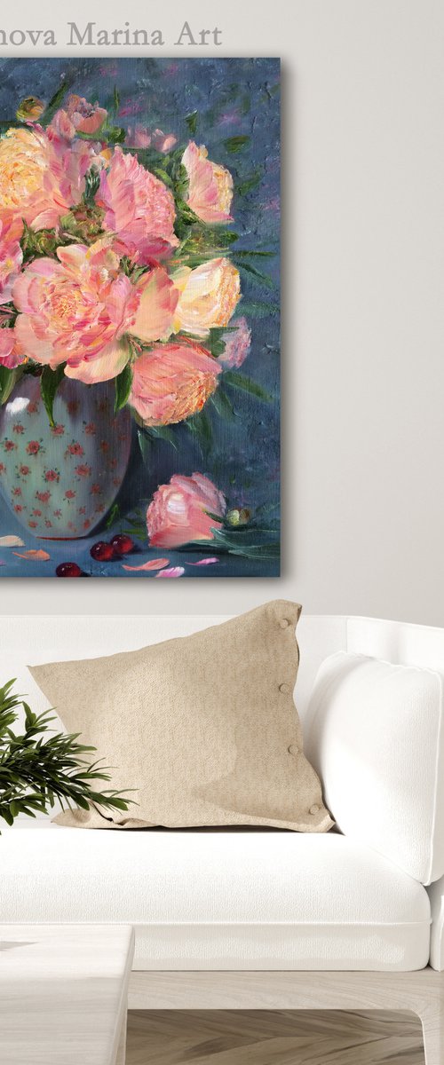 CORAL PEONIES IN A VASE - Still life. Delicate peonies. Unusual flowers. Blooming buds. Pastel shades. Luxurious. Peach. by Marina Skromova