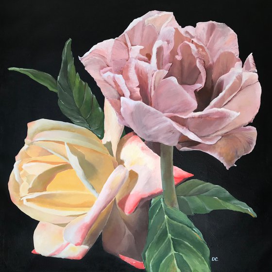 English Garden Roses - Cottage Style, Shabby Chic, Organic Floral, XL LARGE PAINTING