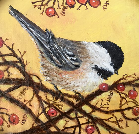 Chickadee # 20 - oil on 8X8 octagonal canvas