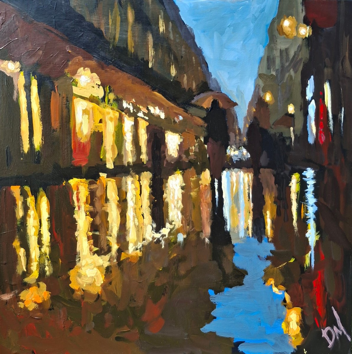 Impressionistic Cityscapes Acrylic Painting By Daniel Murgatroyd, 31 X 31, Rain Reflects, Original Artwork