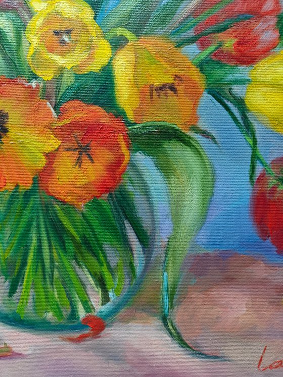 Colorful tulips in a vase