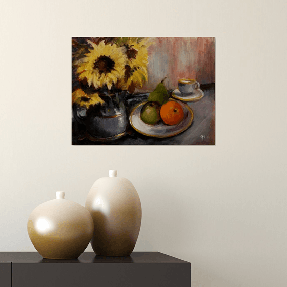 Still life with Sunflowers and fruit