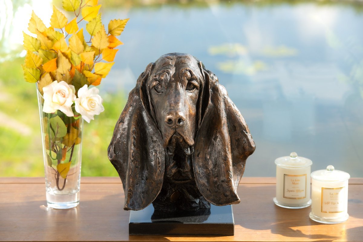 Animal Bronze Sculpture By Tanya Russell, 15 X 16", Basset Portrait Bronze, Original Artwork