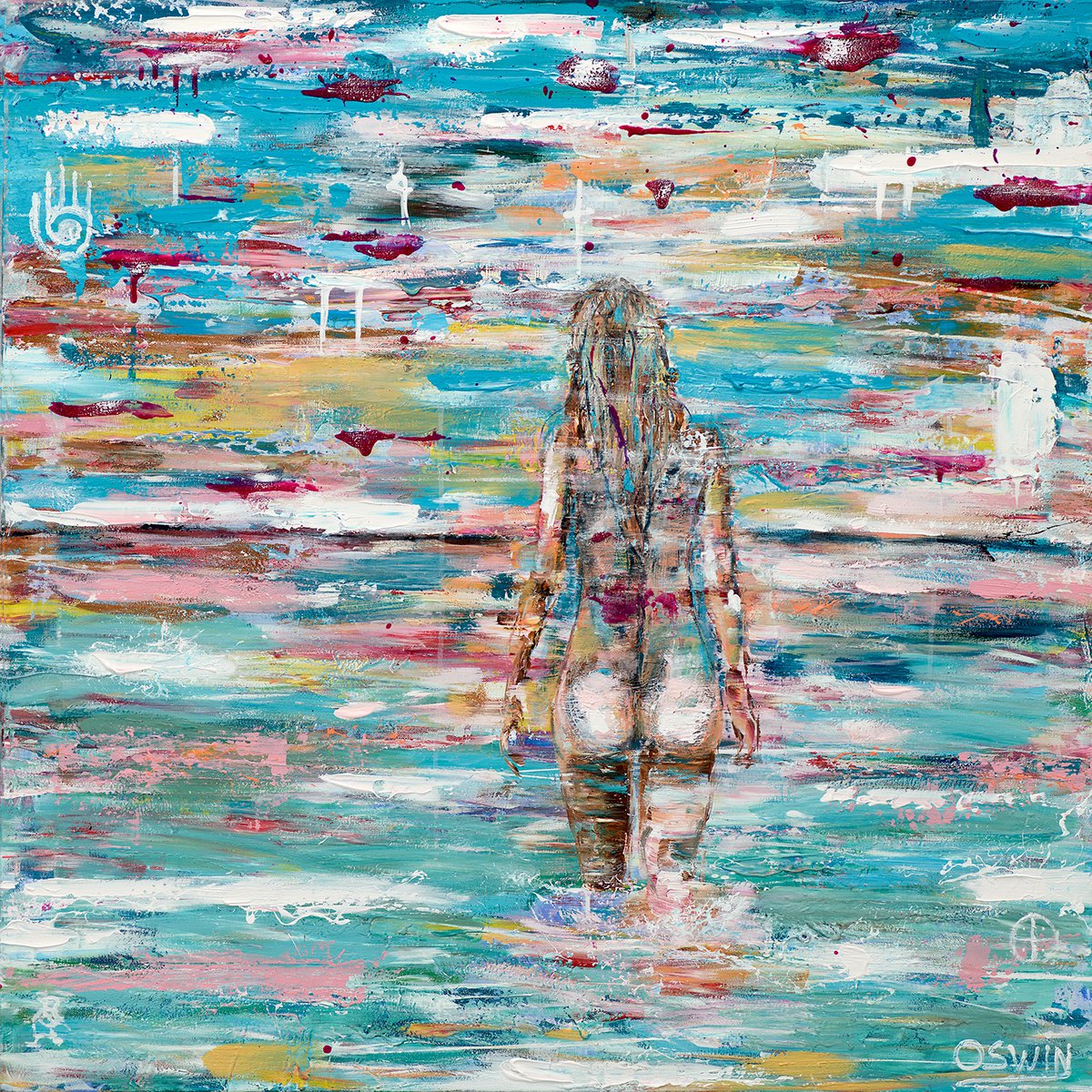 Expressive Landscape Acrylic Painting By Oswin Gesselli, 39 X 39", Born To Be Free - Seascape Female Nude 100 X 100 Cm - Oswin Gesselli, Artfinder