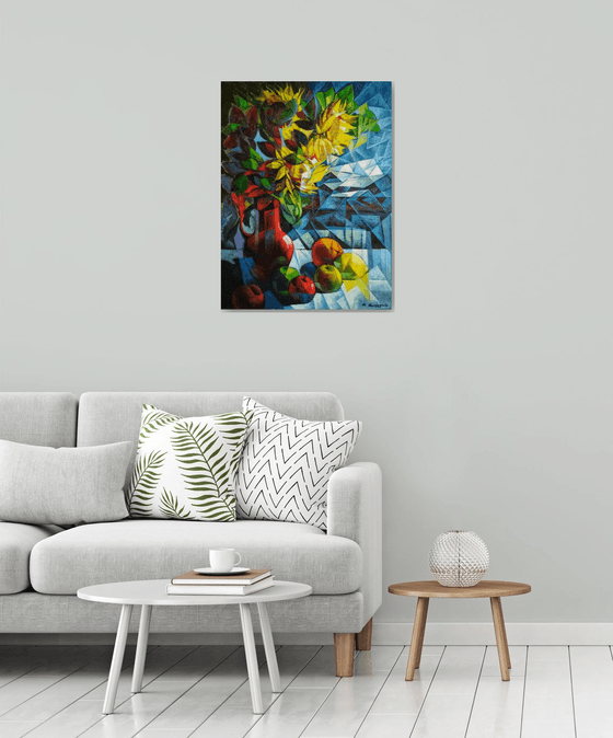 Still life with sunflowers (60x80cm, cubism, oil painting, ready to hang)