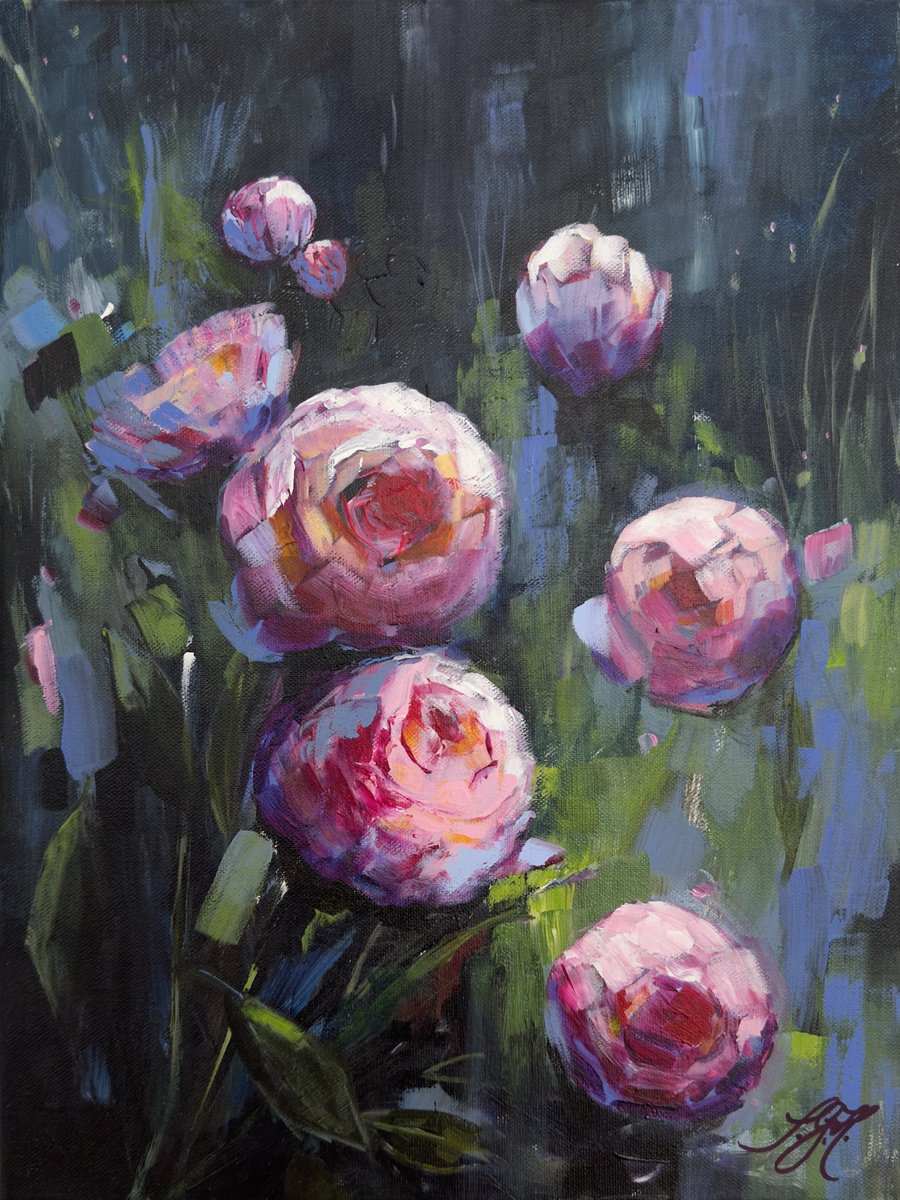 Impressionistic Botanical Acrylic Painting By Sandra Gebhardt-Hoepfner, 12 X 16", My Roses 3, Original Artwork