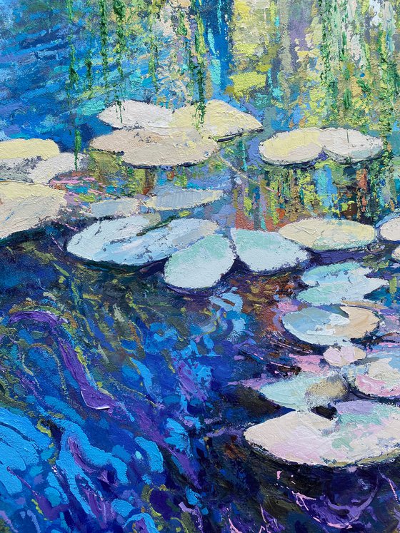 'Water Lilies' Large Impasto Lilly Pad Water Reflections Oil Painting