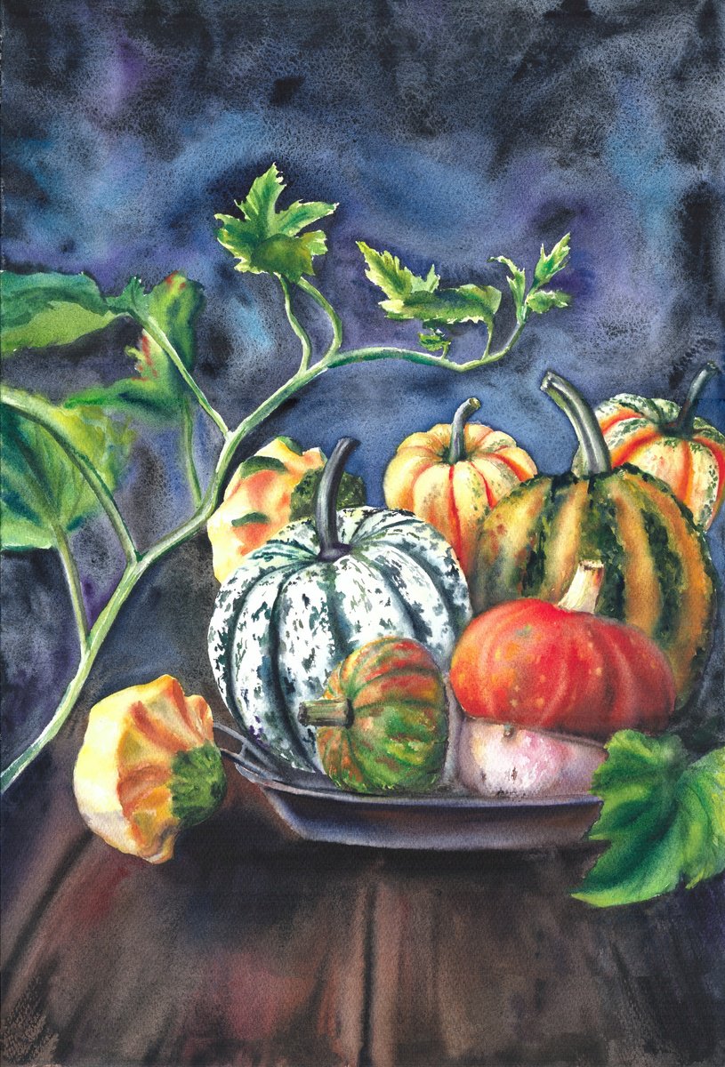 Impressionistic Still Life Watercolour By Maryna Boiko, 15 X 22", Pumpkin, Original Artwork