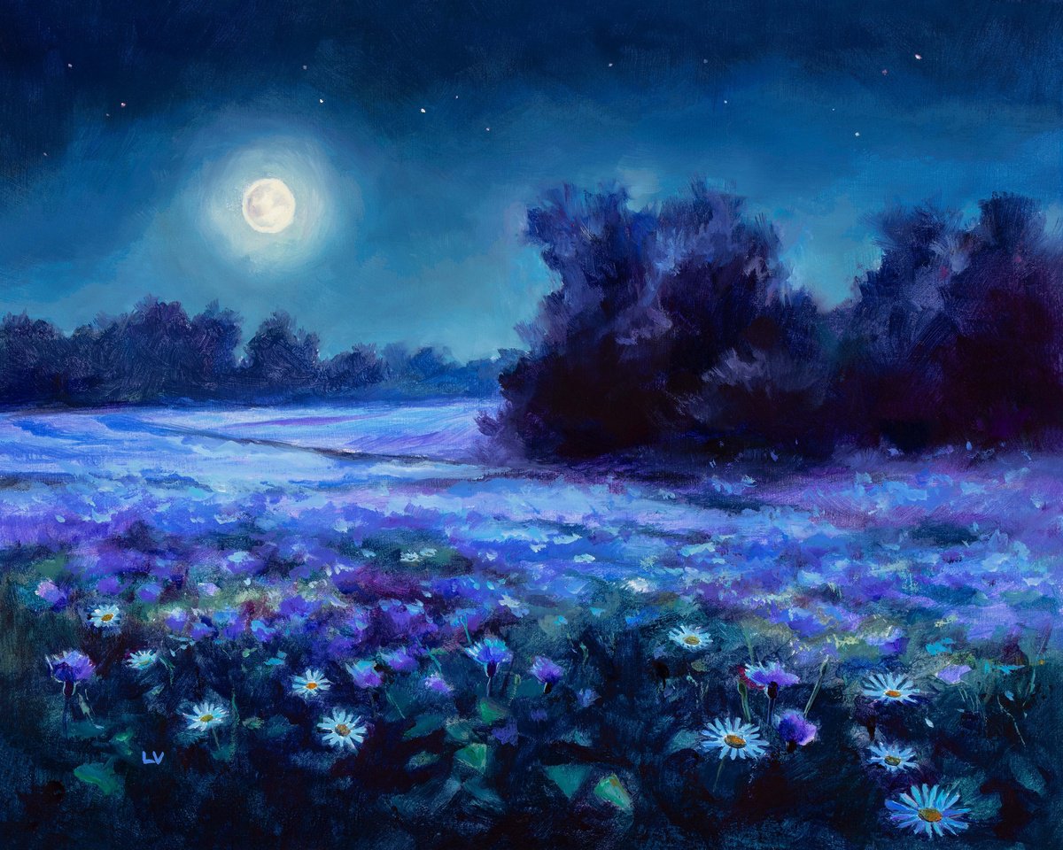 Blue cornflower field at night by Lucia Verdejo