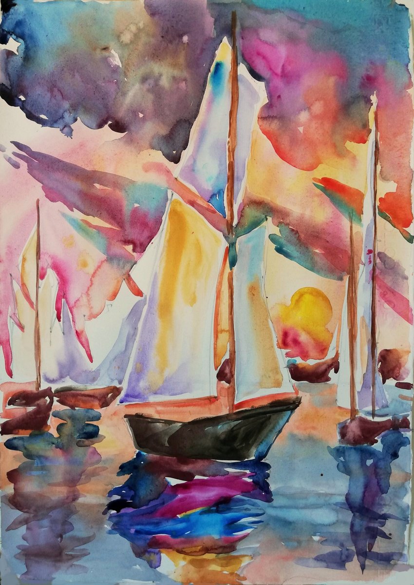 Impressionistic Landscape Watercolour By Jelena Djokic, 14 X 20, Sunset Impression, Original Artwork