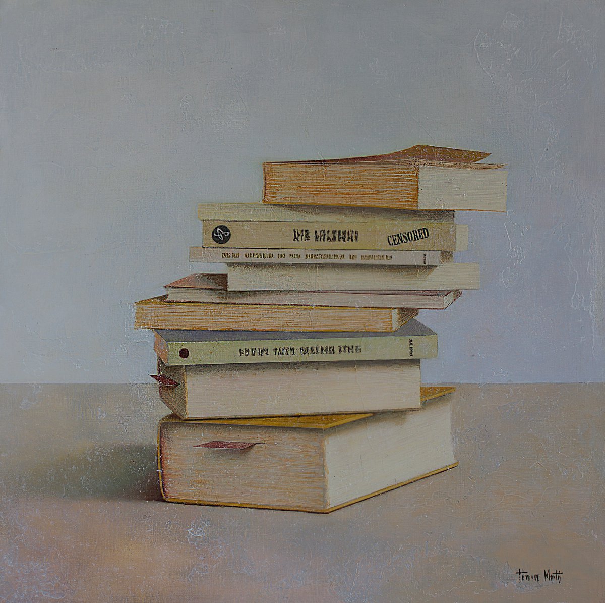 Geometric Still Life Oil Painting By Tomasa Martin, 18 X 18", Books, Original Artwork