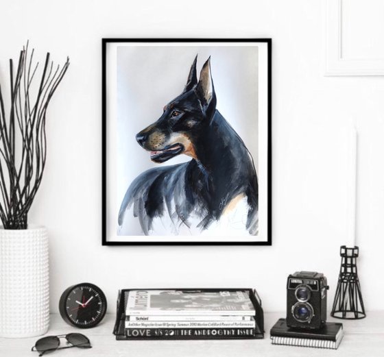 Acrylic watercolor ink painting pet portrait, Doberman Pincher, 15x21 inch