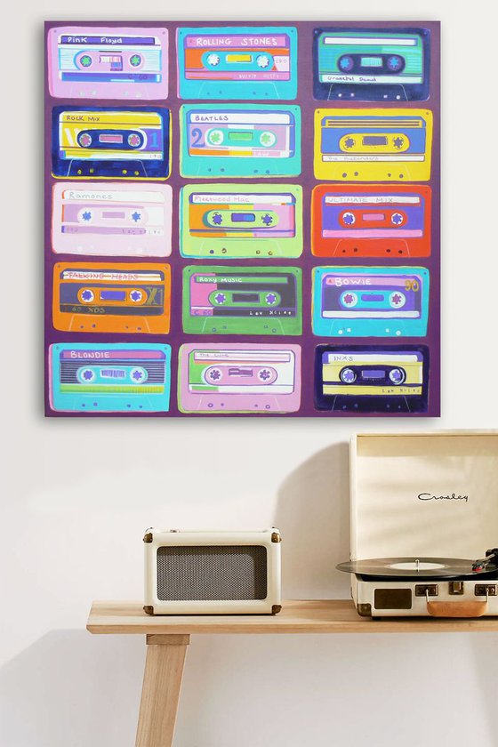 All in the mix #3 (cassette tapes, retro music, 70's, 80's rock culture, large canvas artwork)