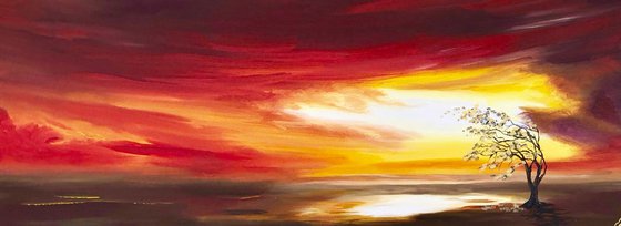 Abstract Red Sunrise on a Panoramic Canvas