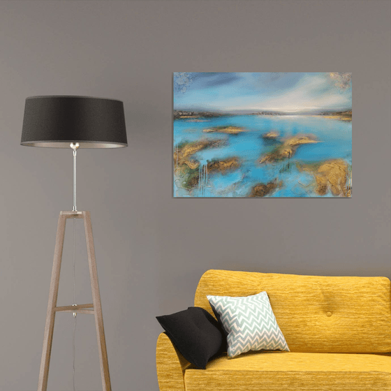 A large abstract beautiful structured mixed media painting of a lake "On the lakeshore"