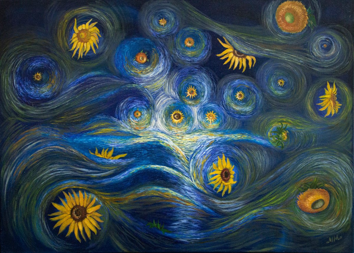 Impressionistic Landscape Oil Painting By Mila Moroko, 36 X 26", Sunflowers Universe, Original Artwork