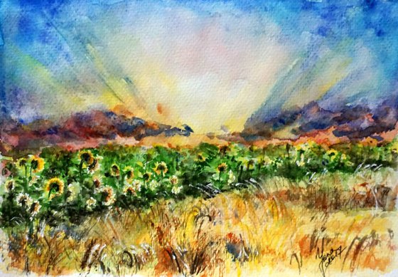ORIGINAL Watercolor Ukraine Painting of Golden Fields