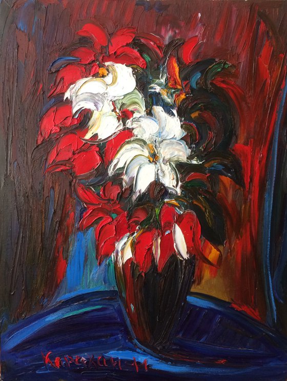 BOUQUET - still life with flowers,  red black blue, floral art,  original oil painting, winter flowers,  impressionism art office interior home decore, small size gift 70x55