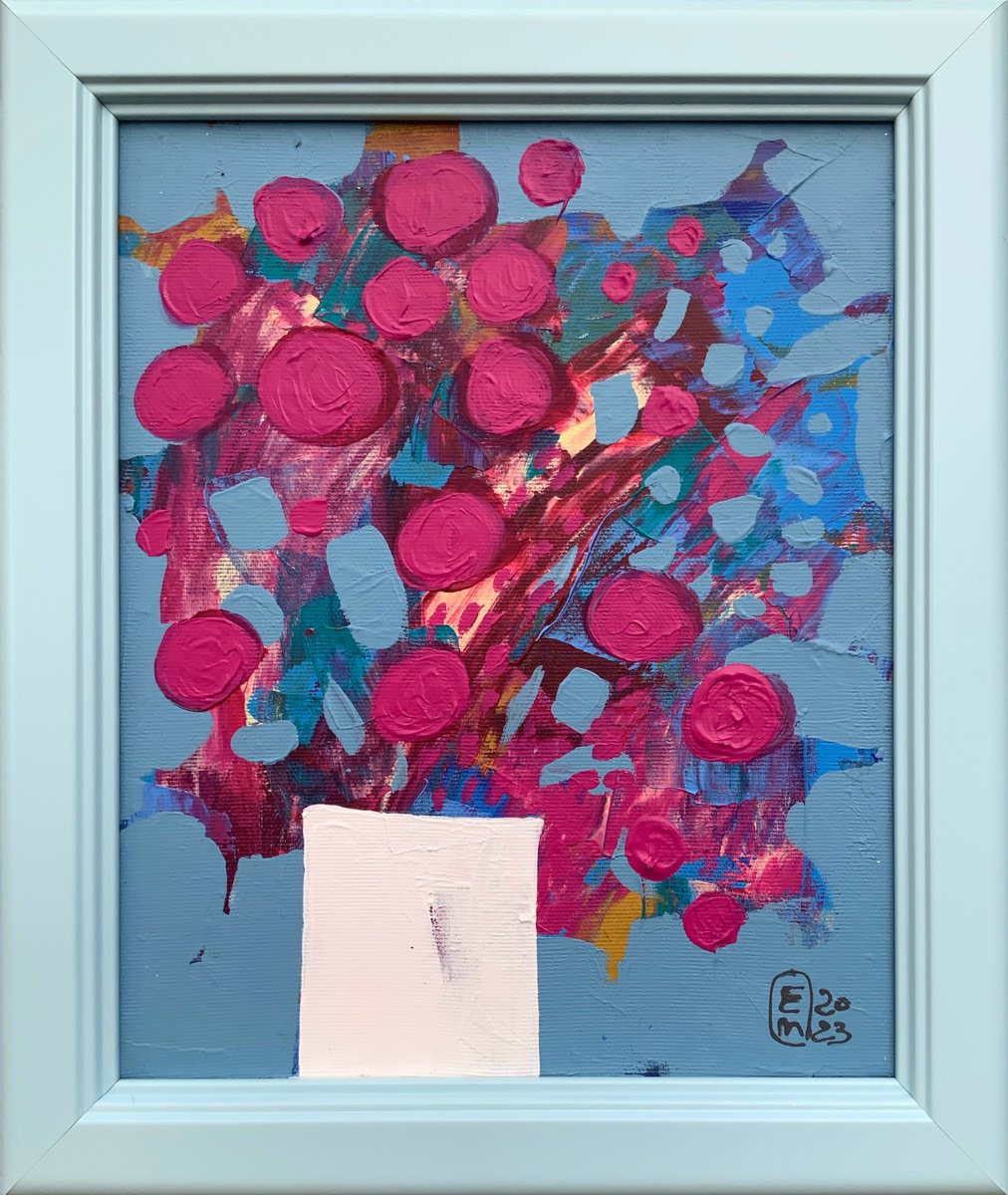 Abstract Still Life Acrylic Painting By Elena Tomilova, 13 X 15, Pink Flowers, Original Artwork