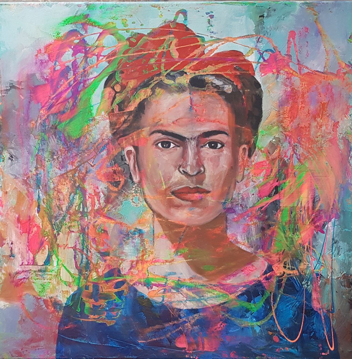 Expressive Portrait Acrylic Painting By Els Driesen, 31 X 31, Frida Kahlo, Original Artwork