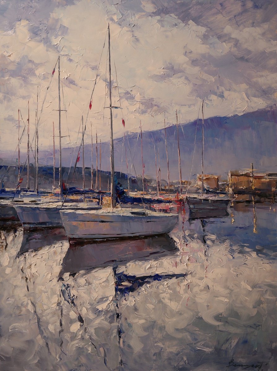 Impressionistic Landscape Oil Painting By Gennady Vylusk, 24 X 31, The Calm Of The Harbor, Original Artwork