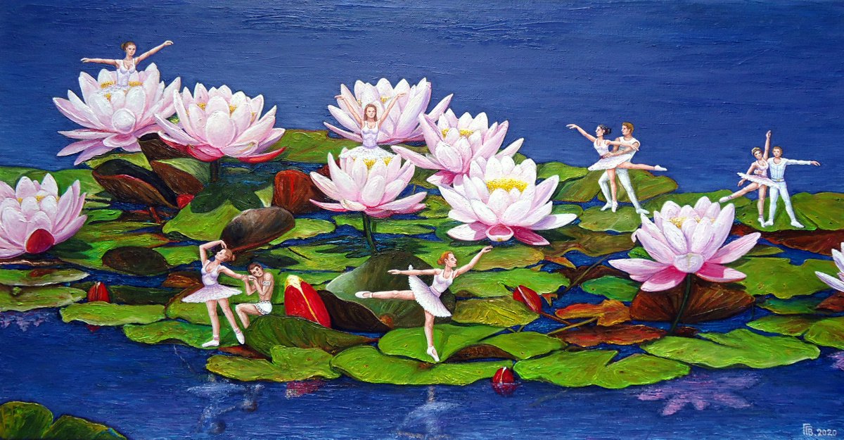 Surrealistic Botanical Oil Painting By Grigor Velev, 31 X 17, Water Ballet, Original Artwork