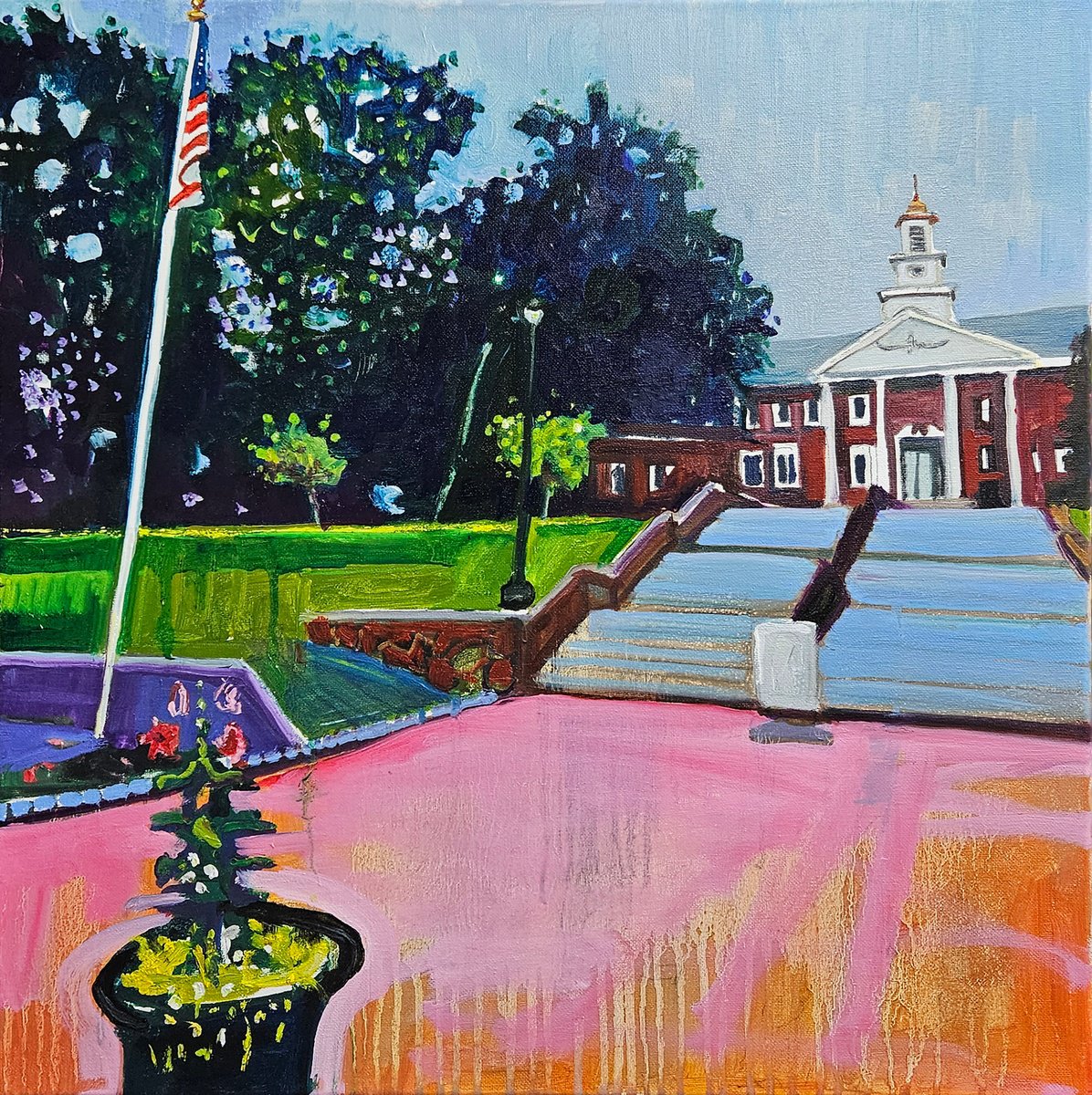 Impressionistic Cityscapes Oil Painting By Shelton Walsmith, 20 X 20", Municipal Building, Original Artwork