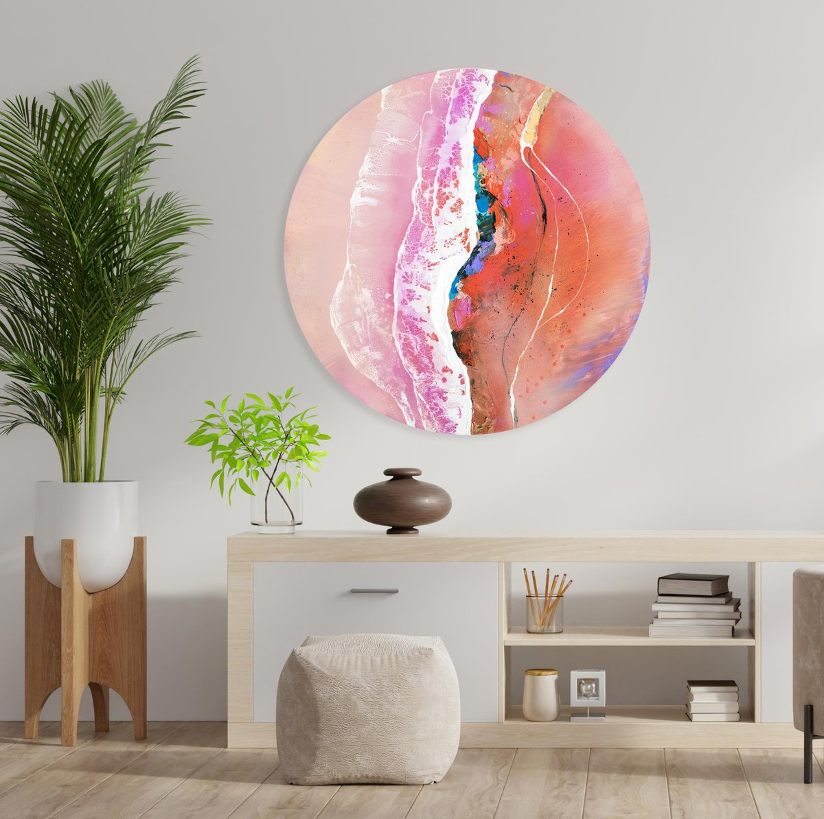 Secret Island 2 - Circular Abstract Painting, 90 cm diameter by Milena Gaytandzhieva