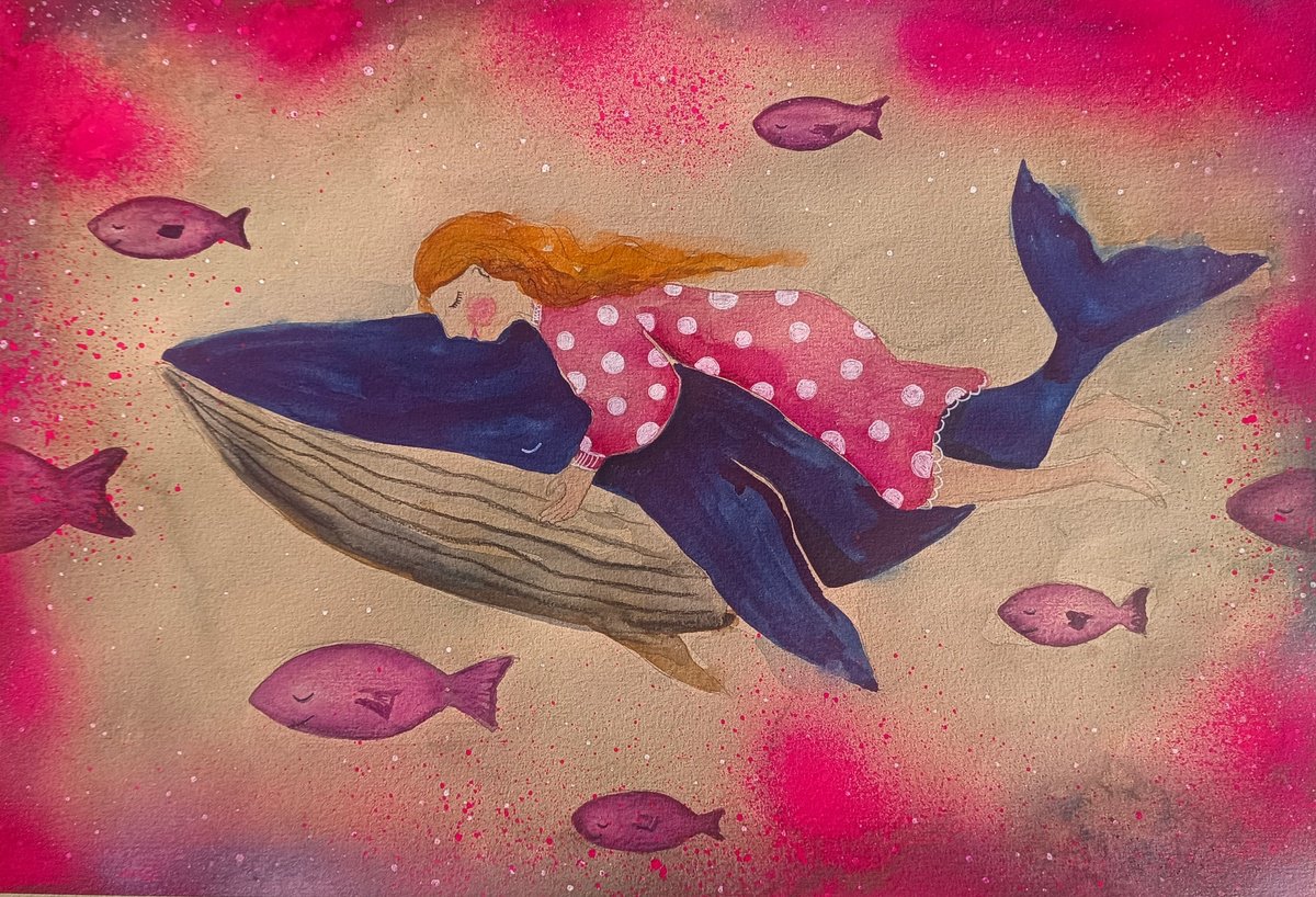 Illustrative Animal Watercolour By Evgenia Smirnova, 17 X 12, Hugging A Whale, Original Artwork