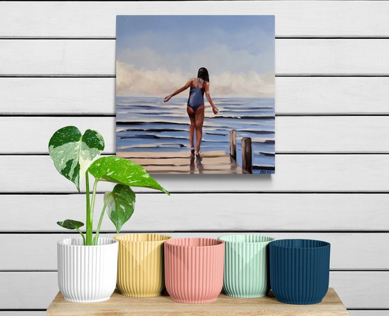 Girl on the Pier - Female Figure in Swimsuit Painting