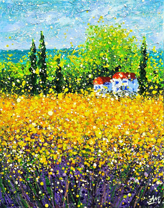 Field of lavender flower Summer landscape Wheat and flower field Toscana Italy landscape painting