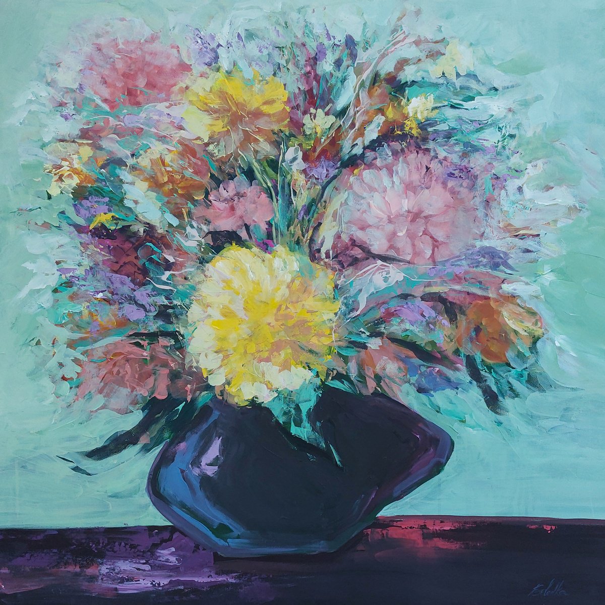 Impressionistic Botanical Acrylic Painting By Katia Solodka, 28 X 28", Abundance Of Bloom (Flowers In Vase 2), Original Artwork