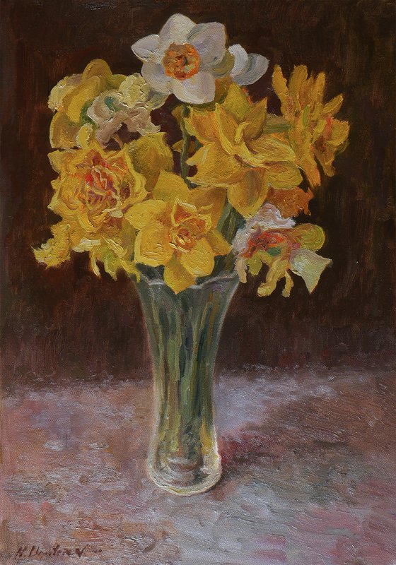 The Bouquet Of Daffodil Flowers. Floral Still Life. Original oil painting on canvas, gift, wall art, pop, interior art, interior design, stylish art, present