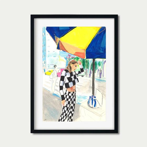 Woman Under Blue and Yellow Umbrella