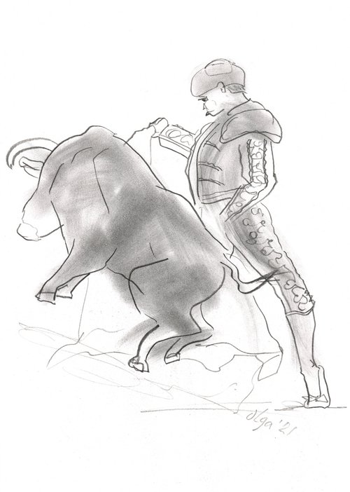 People original drawing - Man and bull - Figure study - Charcoal pencil (2021) by Olga Ivanova