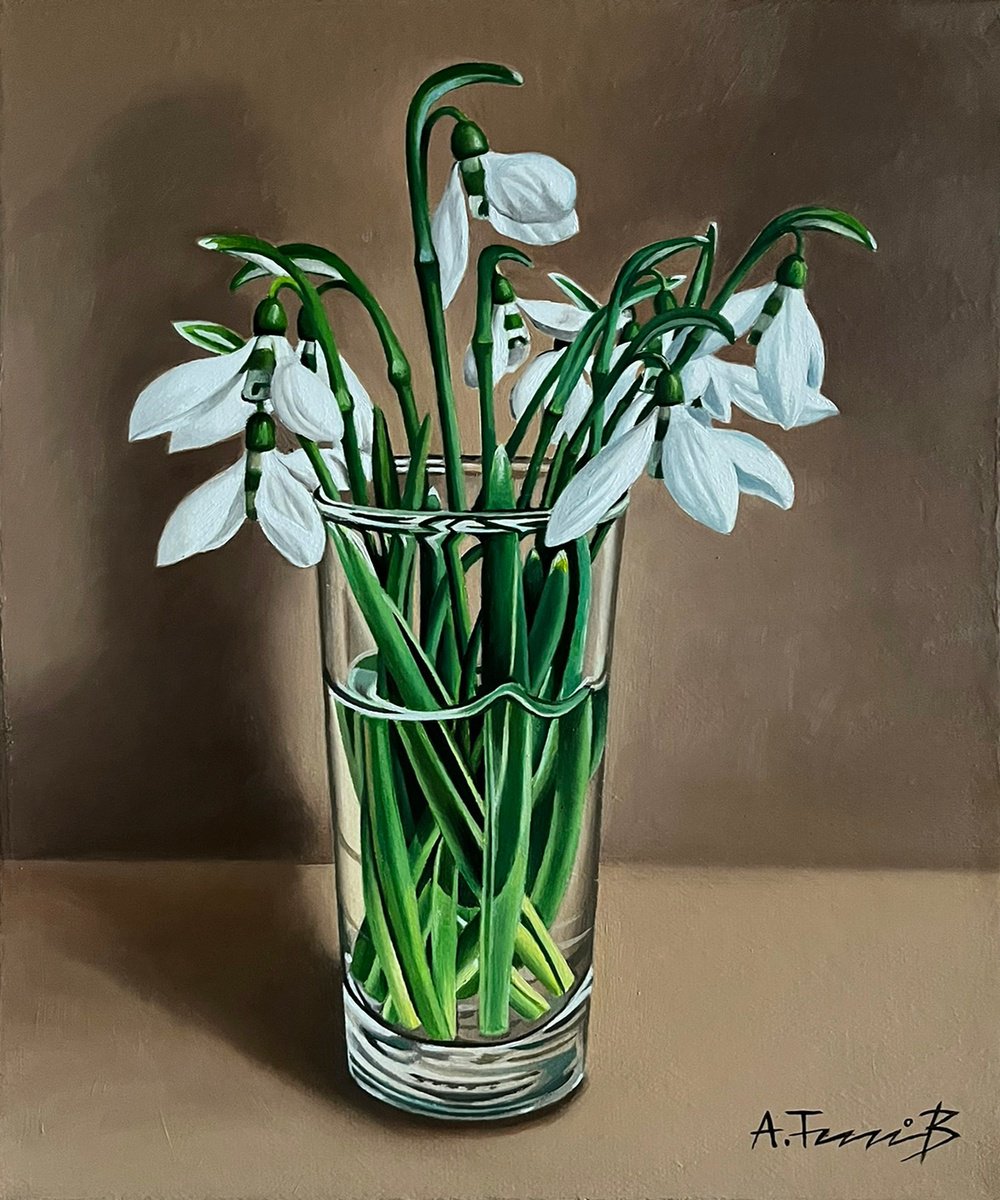 Photorealistic Oil Painting , Still Life With Snowdrops By Alexander Titorenkov, 10 X 12, Artwork For Sale On Artfinder