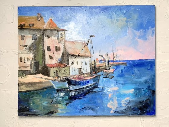Impressionist art Gift Yacht Wall decor Sea landscape Boats Montenegro Seascape oil painting Oil on canvas Original Painting