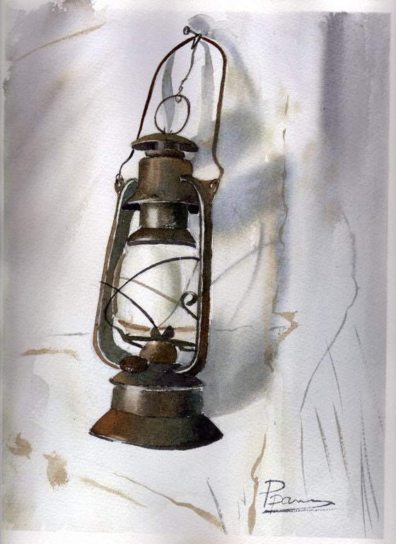 Old lantern Original Watercolor Painting