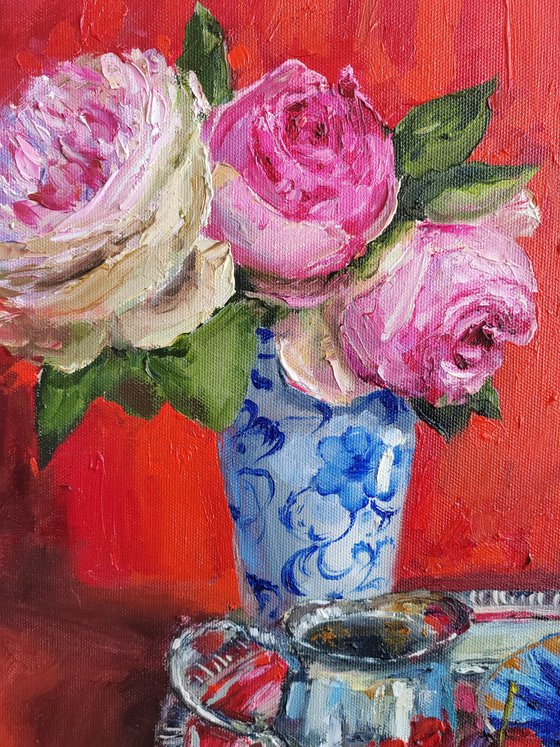 Pink roses bouquet with Antique teapot on red fabric still life oil painting