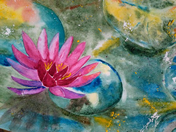 Water Lily Painting Floral Original Art Lotus Watercolor Flowers Artwork Home Wall Art 17 by 12" by Halyna Kirichenko