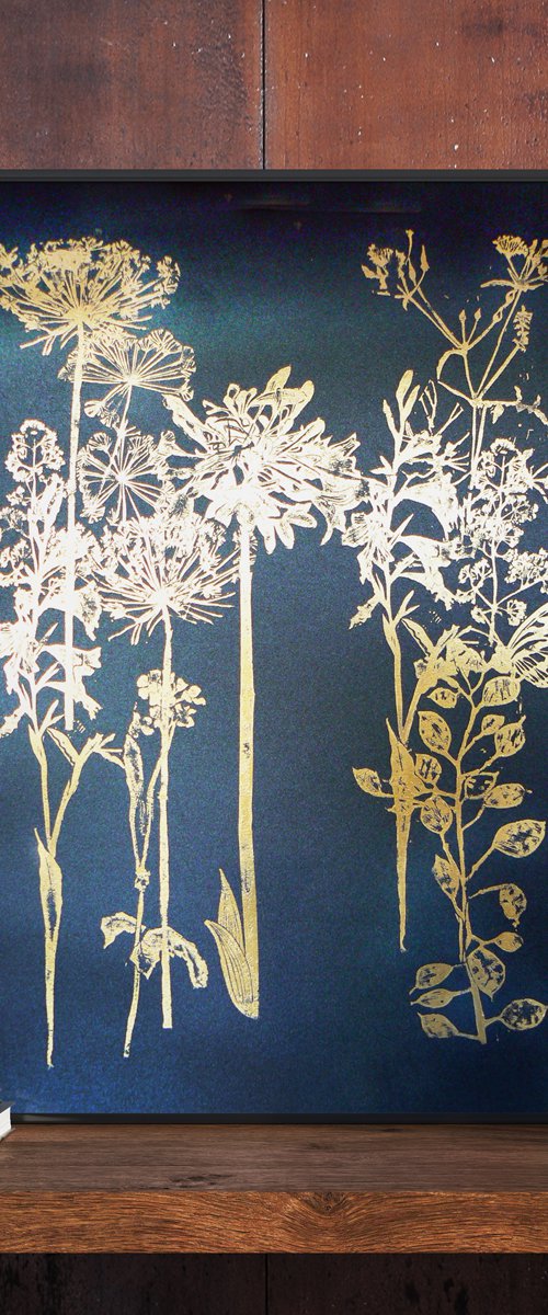 Flora and fauna in gold (#1) on black Russian cardstock by Carolynne Coulson
