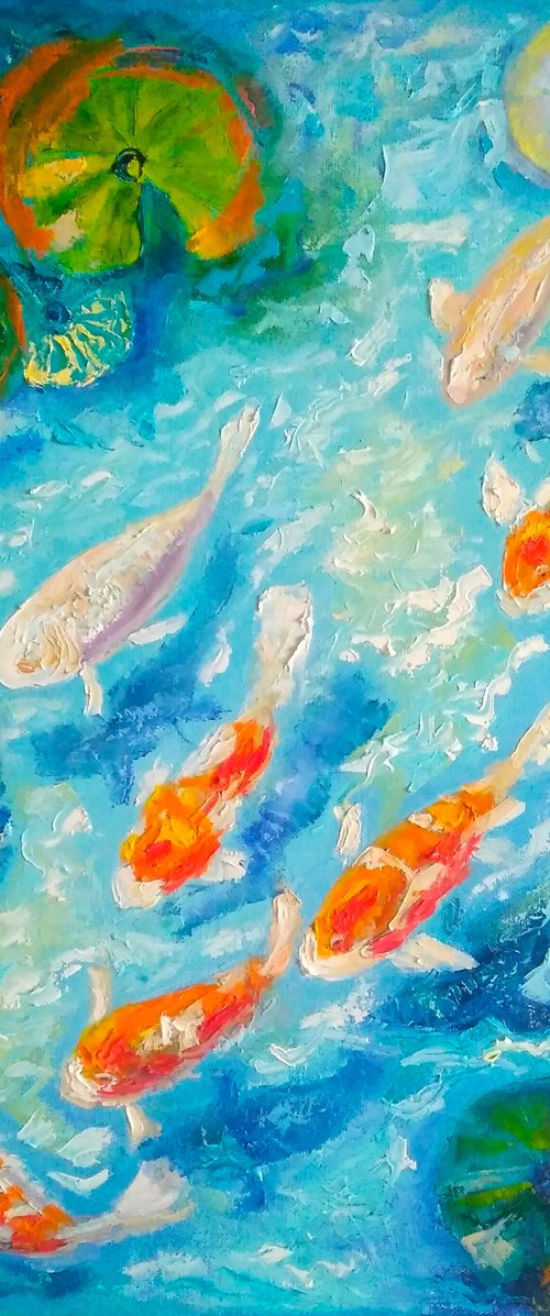 Nine koi carp in the pond by Yulia Berseneva