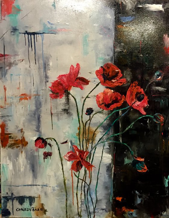 RED POPPIES, Oil on canvas panel