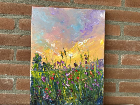 Yellow sunset with flowers
