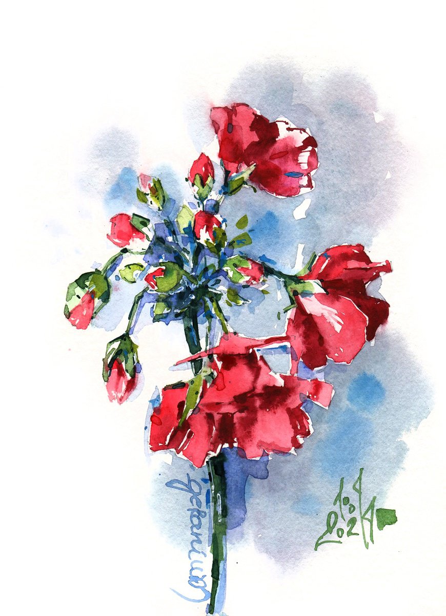 Bright red geranium flowering sprig original watercolor painting small format by Ksenia Selianko